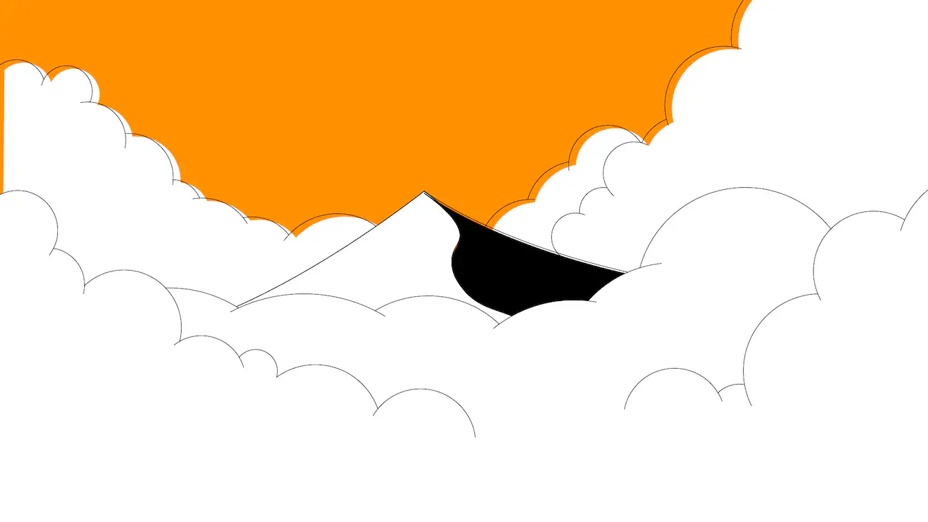 Trial illustration of the opening shot of the video. A mountain in the distance, surrounded by clouds.