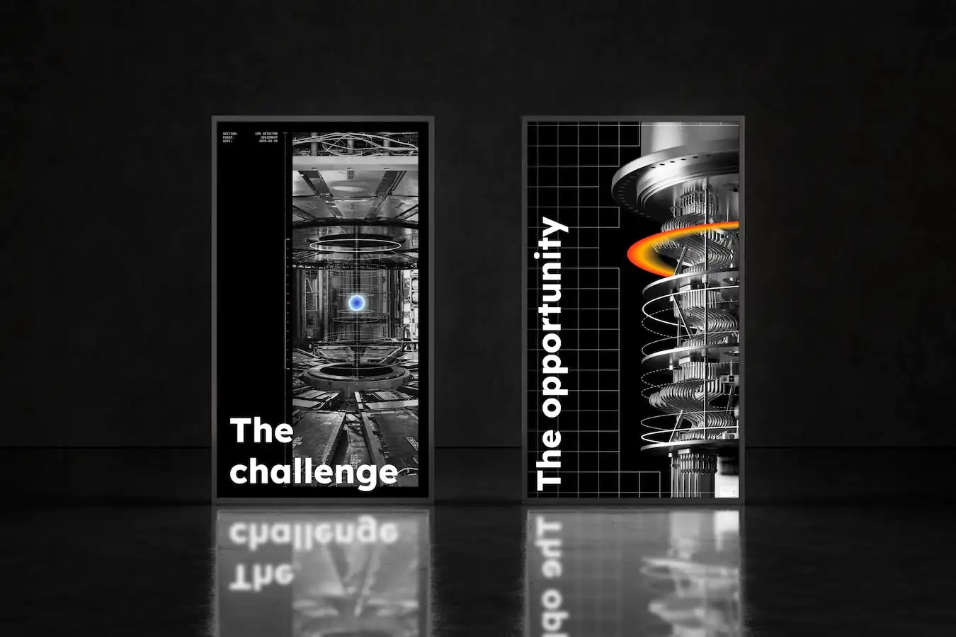 Two vertical screen. One says 'The Challenge' with a picture of a particle accelerator and the other says 'The Opportunity' with a picture of a quantum computer.