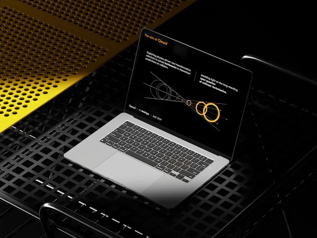 A mockup of a laptop showing one of the slides of the keynote presentation.